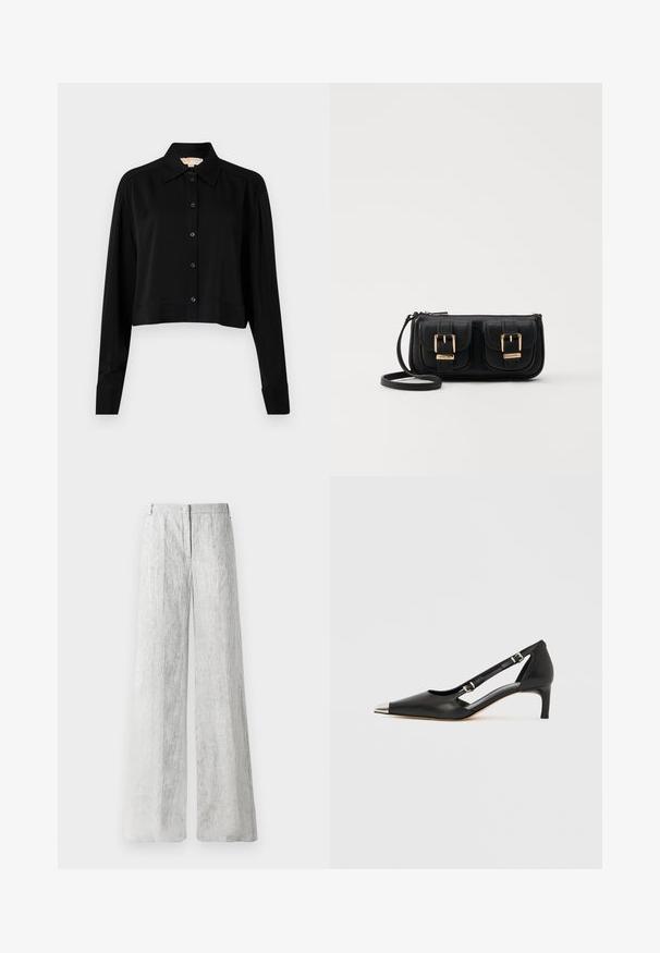 Svart forkortet skjorte med lange ermer, spiss krage og knappelukking foran. Laget av glatt stoff med en avslappet passform og oppbrettede ermer.; Lys grå, vide bukser laget av et teksturert stoff med subtile vertikale linjer. Har glidelås foran og beltehemper.; Sort skinn kittenhel med spiss sølv tåhette og doble spenne-stropper på hvit bakgrunn.; Svart skinn crossbody veske med to frontlommer, gyldne spenner, glidelåslukking og en slank stropp. Teksturert overflate og kompakt rektangulær form.
