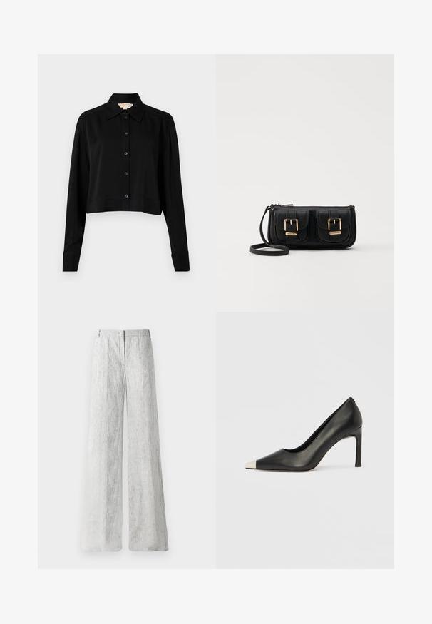 Fekete, rövid fazonú ing hosszú ujjakkal, hegyes gallérral és gombos elejével. Simító anyagból készült, laza szabású és megkötött ujjaival.; Világosszürke, bőszárú nadrág strukturált anyagból, diszkrét függőleges vonalakkal. Elülső cipzáras záródással és övhurkokkal rendelkezik.; Fekete bőr magas sarkú cipő hegyes orral és fém ezüst orrtippel. Simább kivitelű, karcsú, 10 cm-es sarokkal.; Fekete bőr keresztbody táska két elülső zsebbel, arany csattokkal, cipzáras záródással és vékony pánttal. Textúrált felület és kompakt téglalap alak.