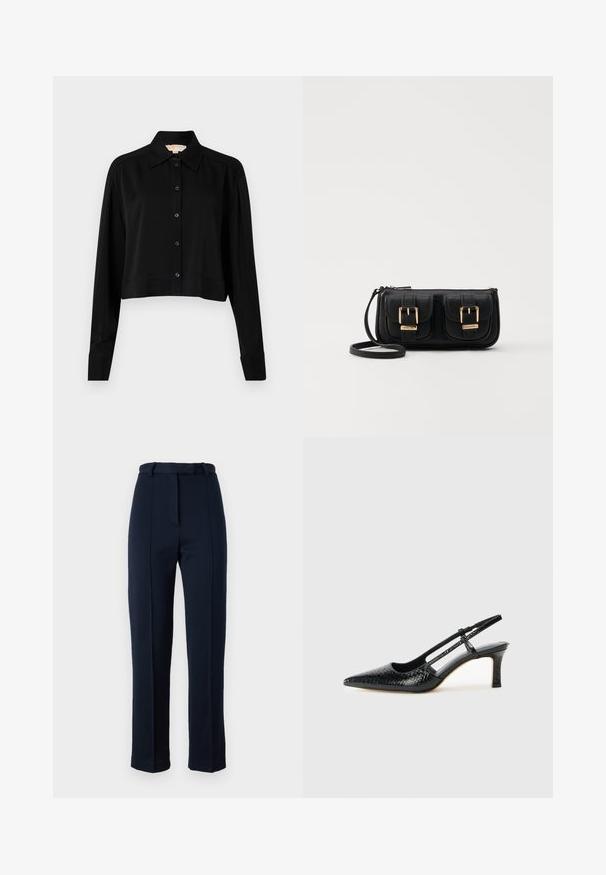 Črni kratki top z dolgimi rokavi, s končnim ovratnikom in gumbi spredaj. Narejen iz gladkega materiala z sproščenim krojem in manšeti na rokavih.; Temno modri, krojeni hlače iz teksturiranega blaga; imajo pas z zanko in osrednjo gubo spredaj. Ozek, raven kroj.; Črne lakaste slingback pete s koničastim nosom, ki imajo teksturiran vzorec kačje kože, nastavljiv trak in kratek teksturiran blok peto.; Črna usnjena torbica čez ramo z dvema sprednjima žepoma, zlatimi zaponkami, zadrgo in ozkim pasom. Tekstura površine je strukturirana, obliko pa ima kompaktno pravokotno.