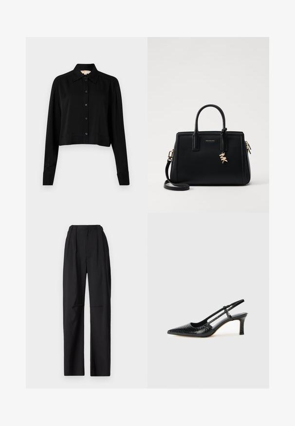 Μαύρο κοντό πουκάμισο με μακριά μανίκια, με μυτερό γιακά και μπροστινό κούμπωμα. Φτιαγμένο από λεία ύφασμα με άνετη εφαρμογή και σμιλεμένα μανίκια.; Μαύροι πλισέ παντελόνες με ψηλή μέση, ίσια γραμμή και λεία υφή. Διαθέτουν πλαϊνές τσέπες και μίνιμαλ σχεδίαση.; Μαύρη πατέντα σλινγκμπάκ γόβα με μυτερή μύτη, διαθέτει υφή από φίδι, ρυθμιζόμενο λουρί και κοντή, υφή τετράγωνη φτέρνα.; Μαύρη δερμάτινη τσάντα χειρός με δομημένο σχέδιο, διπλές λαβές στην κορυφή, αποσπώμενος ιμάντας ώμου, χρυσά αξεσουάρ και διακοσμητικό λογότυπο.