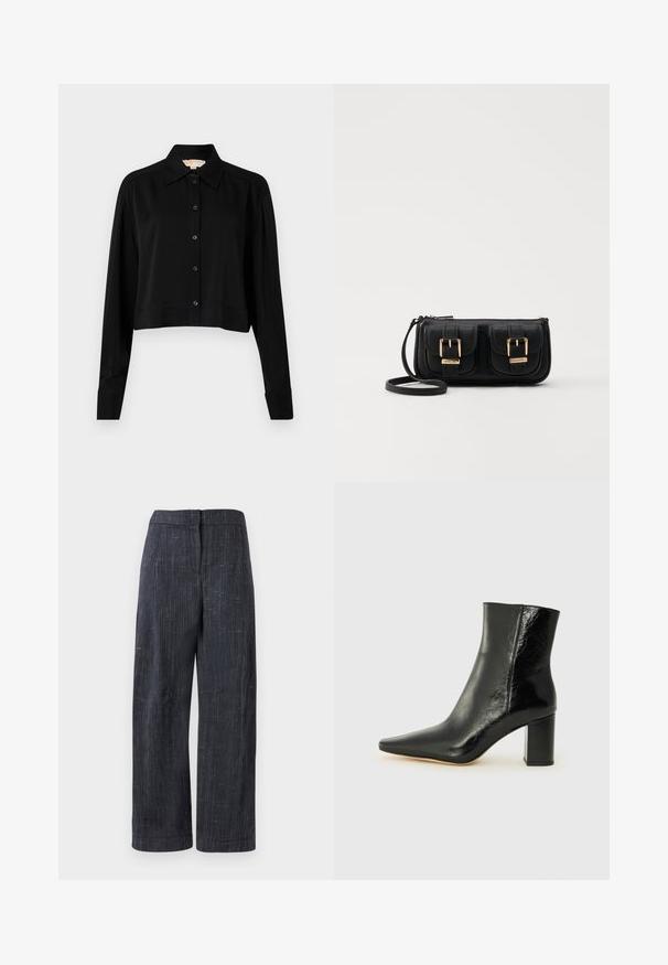 Crna skraćena košulja s dugim rukavima, uspravnim kragnom i dugmadi sprijeda. Izrađena od glatkog materijala s opuštenim krojem i manžetama.; Tamno sive široke hlače s suptilnom teksturom, visokim strukom i skrivenim prednjim zatvaračem.; Crne gležnjače od sjajne kože s uskim vrhom i masivnom, kvadratnom petom. Imaju glatku teksturu i minimalistički dizajn.; Crna kožna torba preko ramena s dva prednja džepa, zlatnim kopčama, zatvaranjem na zip i uskim remenom. Teksturirana površina i kompaktan pravokutan oblik.