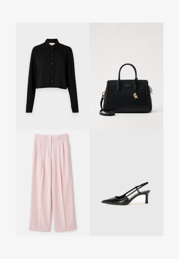 Zwarte cropped shirt met lange mouwen, een spitse kraag en een knoopsluiting aan de voorkant. Gemaakt van soepele stof met een ontspannen pasvorm en manchet-mouwen.; Lichtroze wijde broek met plooien aan de voorkant, een gestructureerde tailleband en een gladde stofafwerking. Bevat twee zijzakken.; Zwart patent slingback hak met een spitse neus, voorzien van een gestructureerde slangenprint, verstelbare band en een korte, gestructureerde blokhak.; Zwarte leren handtas met gestructureerd ontwerp, dubbele handvatten aan de bovenkant, afneembare schouderband, gouden hardware en een logo charm accent.