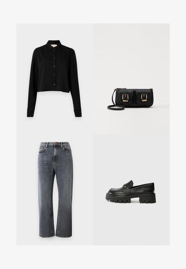 Must must shirt, mille pikkade varrukatega, terava kraega ja nööpidega esiosas. Valmistatud siledast kangast, millel on mugav lõige ja mansetiga varrukad.; Tumedate hallidege denim püksid, millel on kõrge talje, sirge lõige, viis taskut ja kontrastne oranž õmblusdetail.; Mustast nahkfrontaalid, millel on paks tald, esiosas kullatooni aksent ja sile viimistlus. Talse paksu mustriga disain.; Must küllastamata nahast õlakott, millel on kaks esist nähtavat taskut, kuldsed pandlad, tõmblukuga sulgemine ja peen rihm. Tekstuuriga pind ja kompaktne ristkülikukujuline kuju.