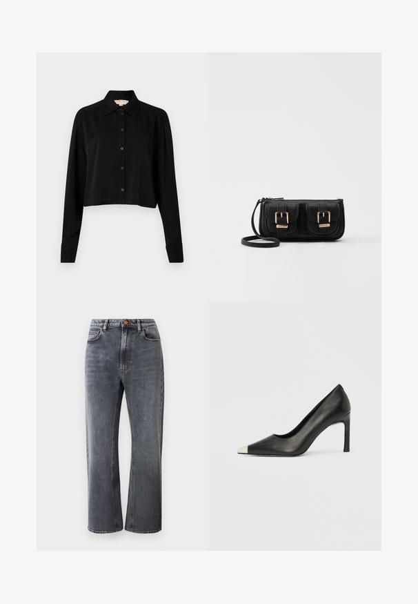 Svart kortärmad skjorta med lång ärm, spetsig krage och knappstängning. Tillverkad av slät tyg med lös passform och uppvikta ärmar.; Mörkgrå denimjeans med hög midja, raka ben, fem fickor och kontrasterande orange sömnadsdetaljer.; Svart skinnsko med hög klack, spetsig tå och metallisk silverhätta. Har en slät yta och en smal klack på 10 cm.; Svart läderaxelväska med två framfickor, guldspännen, dragkedjestängning och en smal rem. Texturerad yta och kompakt rektangulär form.