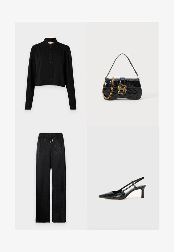 Black cropped shirt with long sleeves, a pointed collar, and button front. Made from smooth fabric with a relaxed fit and cuffed sleeves.; Black wide-leg trousers in smooth fabric with a subtle leopard pattern, featuring an elastic waistband and adjustable drawstring closure.; Black patent slingback heel with a pointed toe, featuring textured snake print, adjustable strap, and a short, textured block heel.; Black faux leather handbag with embossed wave pattern, gold-tone chain strap, and a decorative snake-shaped clasp featuring logo detail.