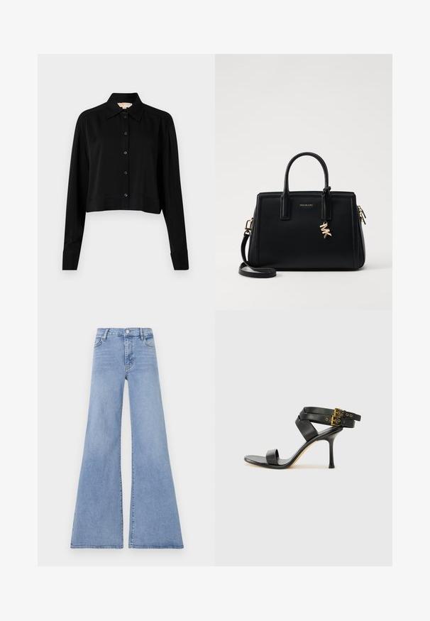Sort cropped skjorte med lange ærmer, spidse krave og knaplukning foran. Fremstillet af glat stof med en afslappet pasform og manchetærmer.; Lyseblå flagrende jeans lavet af denim, med høj talje, fem-lomme design og subtile syninger langs sømmene.; Sort hæl-sandal med krydsede stropper og justerbar spænde. Har en glat overflade og spids stilettohæl.; Sort læder håndtaske med struktureret design, dobbelt top håndtag, aftageligt skulderrem, guld hardware og en logo charme accent.