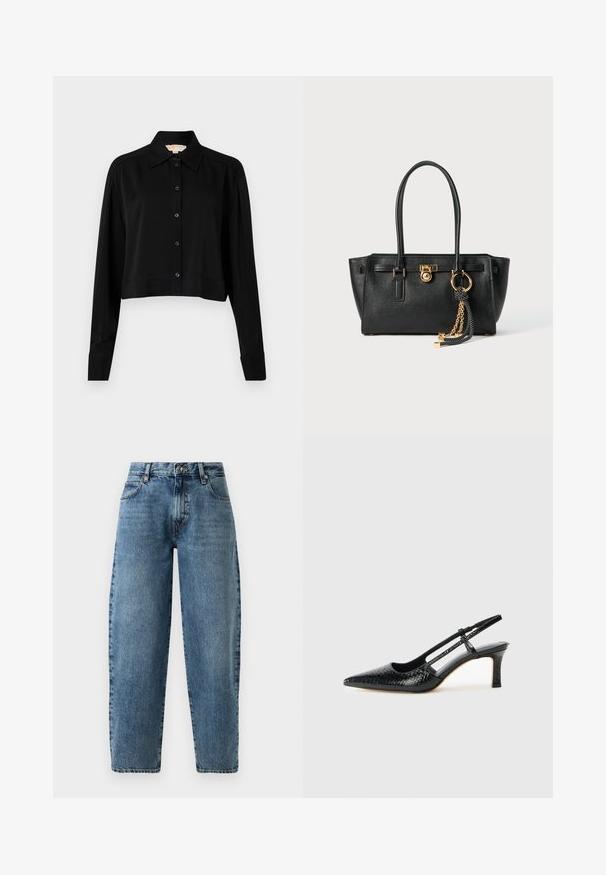 Juodas trumpas marškinėliai su ilgomis rankovėmis, smailiu apykakle ir mygtukų priekyje. Pagamintas iš lygaus audinio su laisvu siluetu ir apverčiamos rankovėmis.; Šviesiai mėlyni džinsai su tiesiomis kojomis, aukštu liemeniu ir minimaliai siuvinėjimu. Klasikinis penkių kišenių stilius su metalinėmis detalėmis.; Juodai lakuoti slingback aukštakulniai su smailiu nosiu, su tekstūruotu gyvatės raštu, reguliuojama juosta ir trumpu, tekstūruotu blokiniu kulnu.; Juoda odinė rankinė su dviem rankenomis, auksiniu užraktu ir grandinėlės detale, bei juodai baltu kutu prieš baltą foną.
