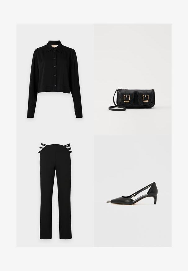 Čierna skrátená košeľa s dlhými rukávmi, špicatým golierom a zapínaním na gombíky. Vyrobená z hladkej látky s voľným strihom a manžetovými rukávmi.; Čierne nohavice s rovnou nohou, s pásom s čiernymi stuhami na zadnej strane. Hladká tkanina bez viditeľných vzorov.; Čierna kožená lodička s nízkym opätkom typu kitten, so špicatou striebristou špičkou a dvoma remienkami s prackami na bielom pozadí.; Čierna kožená crossbody taška s dvoma prednými vreckami, zlatými sponami, zipsovým uzatváraním a úzkym popruhom. Štruktúrovaný povrch a kompaktný obdĺžnikový tvar.