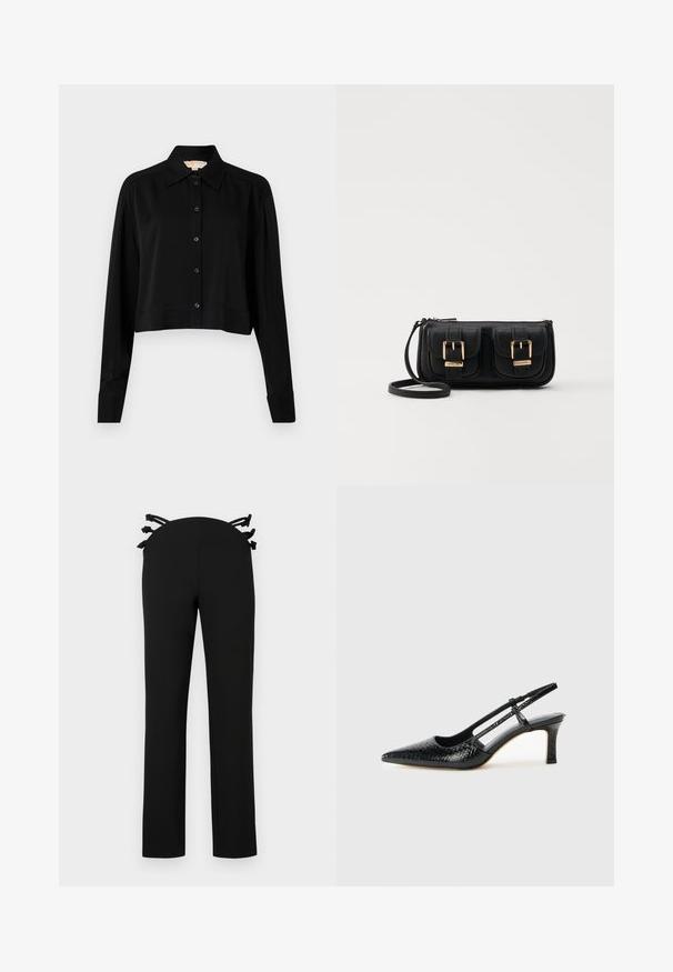Čierna skrátená košeľa s dlhými rukávmi, špicatým golierom a zapínaním na gombíky. Vyrobená z hladkej látky s voľným strihom a manžetovými rukávmi.; Čierne nohavice s rovnou nohou, s pásom s čiernymi stuhami na zadnej strane. Hladká tkanina bez viditeľných vzorov.; Čierne patentové slingback topánky na ihlovom podpätku s špicatou špičkou, s textúrovaným hadím vzorom, nastaviteľným popruhom a krátkym, textúrovaným blokovým podpätkom.; Čierna kožená crossbody taška s dvoma prednými vreckami, zlatými sponami, zipsovým uzatváraním a úzkym popruhom. Štruktúrovaný povrch a kompaktný obdĺžnikový tvar.