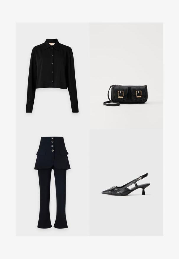 Musta lyhythihainen paita, jossa on pitkät hihat, terävä kaulus ja napitus edessä. Valmistettu sileästä kankaasta, rento istuvuus ja kyynärpäätakkikuhat.; Mustat housut, joissa on kerroksellinen hameen päällys, neljä nappia ja kaksi etutaskua. Kangas on sileä, muotoilu on istuva ja lahkeet soihdut. ; Mustat nahkakengät, joissa on avonainen takaosa ja kärjessä terävä muoto, koristevyöt, joissa on metalliset reiät, sekä matala lohkoepohja. Teksturoitu pinta.; Musta nahkainen olkalaukku, jossa on kaksi etutaskua, kultaiset soljet, vetoketjukiinnitys ja kapea hihna. Teksturoidun pinnan ja kompaktin suorakaiteen muoto.