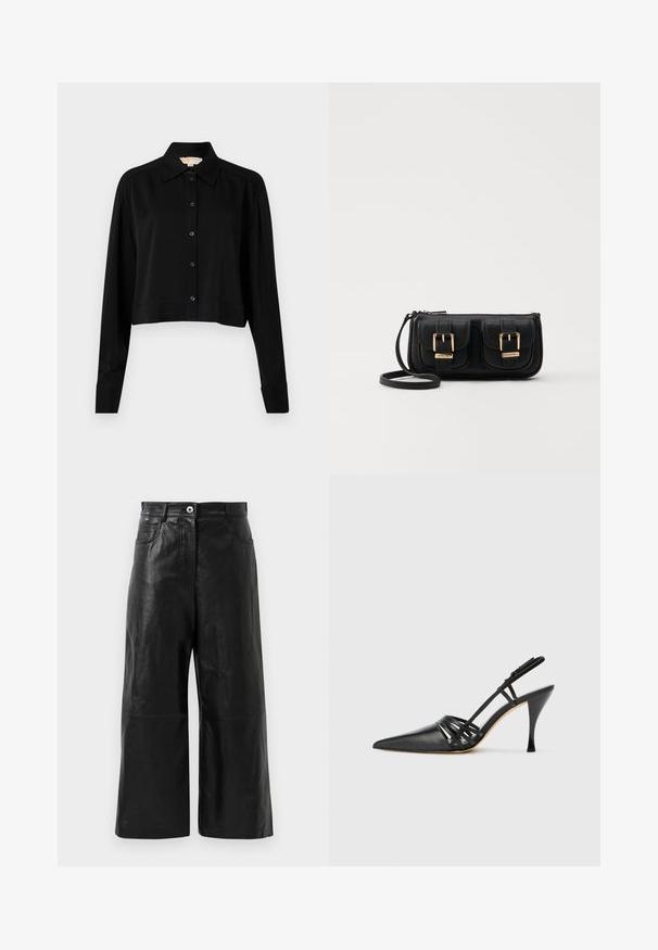 Cămașă neagră scurtă cu mâneci lungi, guler ascuțit și închidere cu nasturi. Fabricată dintr-un material neted, cu o croială lejeră și mâneci cu manșete.; Pantaloni largi din piele neagră, cu o textură netedă, având un fermoar la brâu și buzunare frontale. Design minimalist cu o lungime scurtă.; Pantofii cu toc slingback din piele neagră, cu vârful ascuțit, design cu curea în cruce și toc stiletto subțire. Textură netedă și accente minime.; Geantă neagră din piele, tip crossbody, cu două buzunare frontale, catarame aurii, închidere cu fermoar și o curea subțire. Suprafață texturată și formă rectangulară compactă.