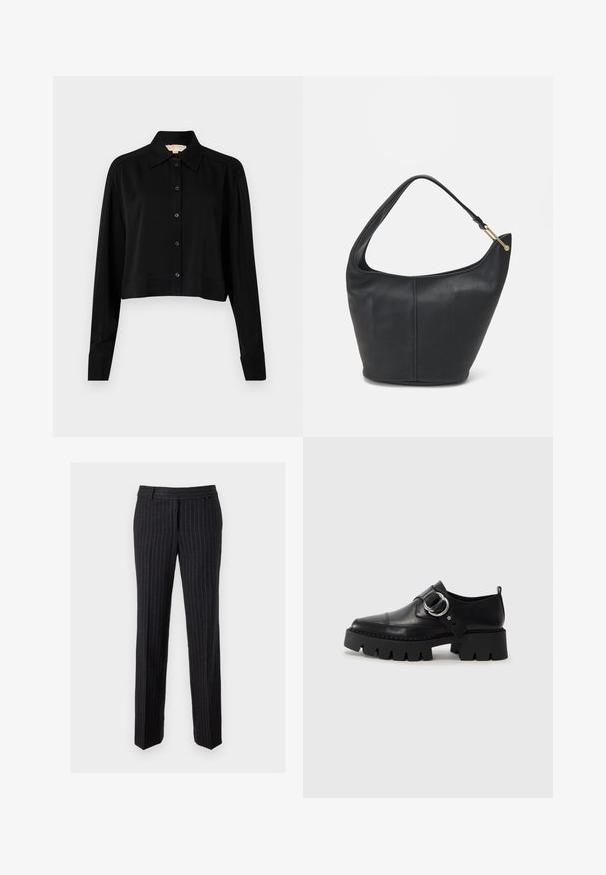 Czarna krótka bluzka z długimi rękawami, spiczastym kołnierzykiem i zapięciem na guziki. Wykonana z gładkiego materiału, ma luźny krój i mankiety.; Czarne spodnie w prążki wykonane z teksturowanej tkaniny. Oferują płaski przód, szlufki na pasek i proste nogawki. Brak widocznych elementów metalowych lub ozdobnych.; Czarne skórzane buty z masywną, żebrowaną podeszwą, z okrągłym akcentem ze srebrnego metalu i minimalnymi detalami szwów.; Czarna skórzana torebka o okrągłym kształcie, z szerokim paskiem i teksturowanym wykończeniem. Posiada subtelny detal szwu i akcenty w odcieniu złota.