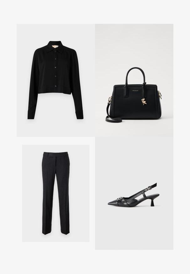 Zwarte cropped shirt met lange mouwen, een spitse kraag en een knoopsluiting aan de voorkant. Gemaakt van soepele stof met een ontspannen pasvorm en manchet-mouwen.; Zwarte broek met streepjes van gestructureerde stof. Heeft een rechte voorkant, riemlussen en rechte pijpen. Geen zichtbare hardware of accenten.; Zwarte leren slingback schoen met een puntige neus, decoratieve banden met metalen oogjes en een lage blokhak. Textuur oppervlak.; Zwarte leren handtas met gestructureerd ontwerp, dubbele handvatten aan de bovenkant, afneembare schouderband, gouden hardware en een logo charm accent.