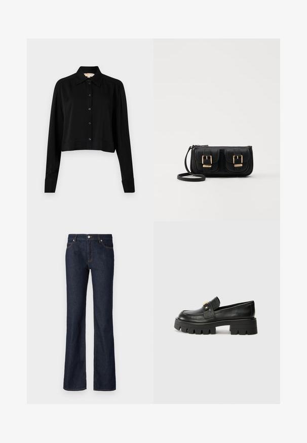 Sort cropped skjorte med lange ærmer, spidse krave og knaplukning foran. Fremstillet af glat stof med en afslappet pasform og manchetærmer.; Mørkeblå denim jeans med en flare-form, fem-lomme design og kontrasterende orange syninger langs sømmene og lommerne.; Sorte læder loafers med en kraftig sål, prydet med en guldfarvet detalje på fronten og en glat finish. Kraftigt mønster designet på sålen.; Sort læder crossbody taske med to frontlommer, guldspænder, lynlåslukning og en slank rem. Struktureret overflade og kompakt rektangulær form.
