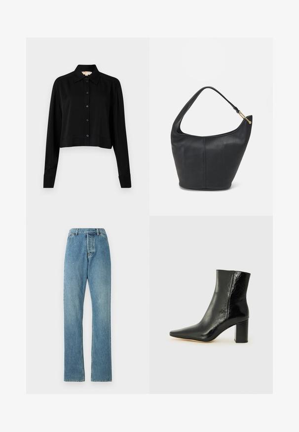 Czarna krótka bluzka z długimi rękawami, spiczastym kołnierzykiem i zapięciem na guziki. Wykonana z gładkiego materiału, ma luźny krój i mankiety.; Jasnoniebieskie dżinsy z prostymi nogawkami, pięcioma kieszeniami i widocznym paskiem. Tekstura jest lekko zużyta, ale w dobrym stanie.; Czarne botki za kostkę wykonane z błyszczącej skóry, z wydłużonym noskiem i masywnym, kwadratowym obcasem. Posiadają gładką fakturę i minimalistyczny design.; Czarna skórzana torebka o okrągłym kształcie, z szerokim paskiem i teksturowanym wykończeniem. Posiada subtelny detal szwu i akcenty w odcieniu złota.
