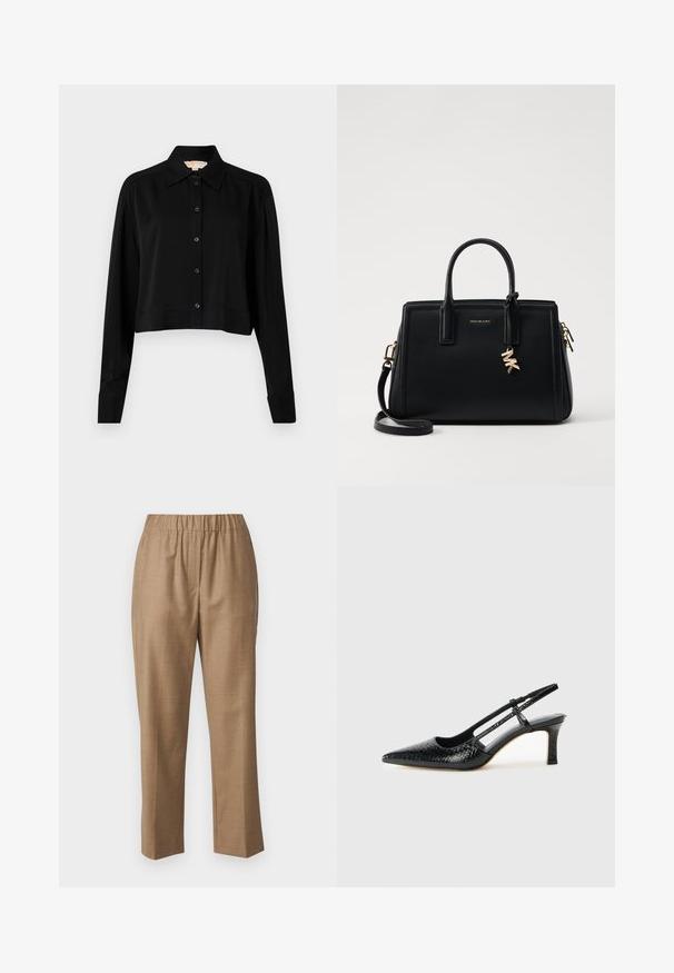 Schwarzes, kurzes Hemd mit langen Ärmeln, einem spitzen Kragen und Knopfverschluss. Hergestellt aus glattem Stoff mit lockerer Passform und geknöpften Ärmeln.; WEEKEND MaxMara HATELEY - Stoffhose - cammello; Schwarze Lack-Slingback-Pumps mit spitzem Zehenbereich, versehen mit strukturiertem Schlangenprint, verstellbarem Riemen und einem kurzen, strukturierten Blockabsatz.; Schwarze Ledertasche mit strukturiertem Design, doppelten oberen Griffen, abnehmbarem Schulterriemen, goldfarbenen Beschlägen und einem Logo-Anhänger.