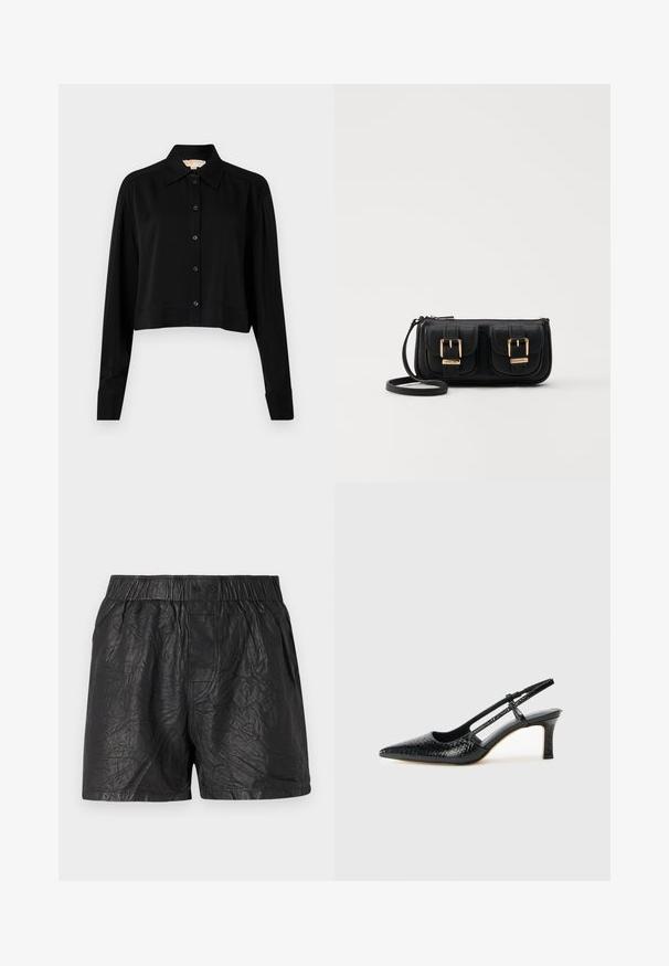 Črni kratki top z dolgimi rokavi, s končnim ovratnikom in gumbi spredaj. Narejen iz gladkega materiala z sproščenim krojem in manšeti na rokavih.; Črne kratke hlače iz gubane tkanine, z elastičnim pasom in dvema gumboma, do kolen, z gladko teksturo.; Črne lakaste slingback pete s koničastim nosom, ki imajo teksturiran vzorec kačje kože, nastavljiv trak in kratek teksturiran blok peto.; Črna usnjena torbica čez ramo z dvema sprednjima žepoma, zlatimi zaponkami, zadrgo in ozkim pasom. Tekstura površine je strukturirana, obliko pa ima kompaktno pravokotno.