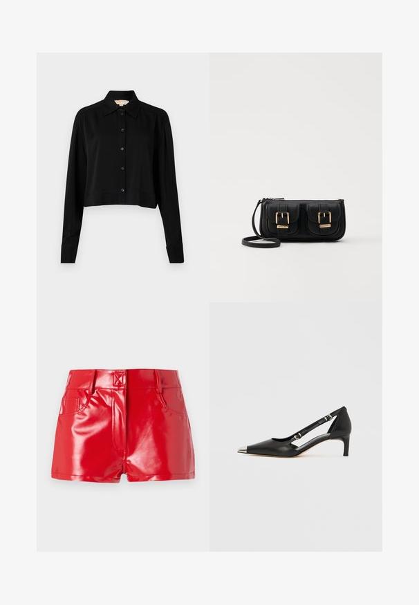 Svart forkortet skjorte med lange ermer, spiss krage og knappelukking foran. Laget av glatt stoff med en avslappet passform og oppbrettede ermer.; Røde faux skinnshorts med en glansfull overflate, med høy midje, frontlommer og sømdetaljer. Strukturelt, tettsittende design.; Sort skinn kittenhel med spiss sølv tåhette og doble spenne-stropper på hvit bakgrunn.; Svart skinn crossbody veske med to frontlommer, gyldne spenner, glidelåslukking og en slank stropp. Teksturert overflate og kompakt rektangulær form.