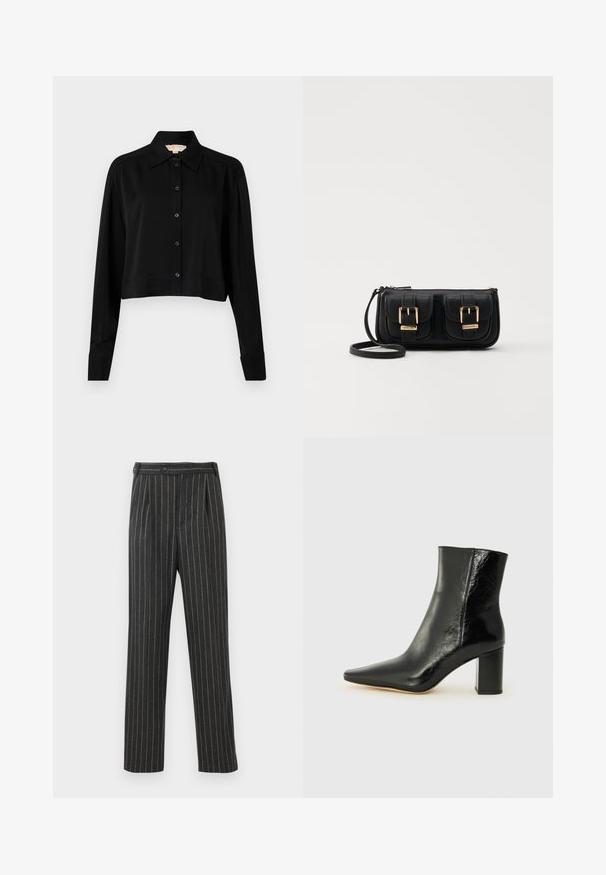 Zwarte cropped shirt met lange mouwen, een spitse kraag en een knoopsluiting aan de voorkant. Gemaakt van soepele stof met een ontspannen pasvorm en manchet-mouwen.; Grijs gestreepte broek van geweven stof. Heeft een hoge taille, plooien aan de voorkant en een rechte pijpdesign. Standaard knoopsluiting.; Zwarte enkellaarsjes van glanzend leer met een puntige neus en een stevige, vierkante hak. Heeft een gladde textuur en een minimalistisch ontwerp.; Zwarte leren schoudertas met twee vo pockets, gouden gespen, ritsluiting en een smalle band. Tekstuur oppervlak en compacte rechthoekige vorm.