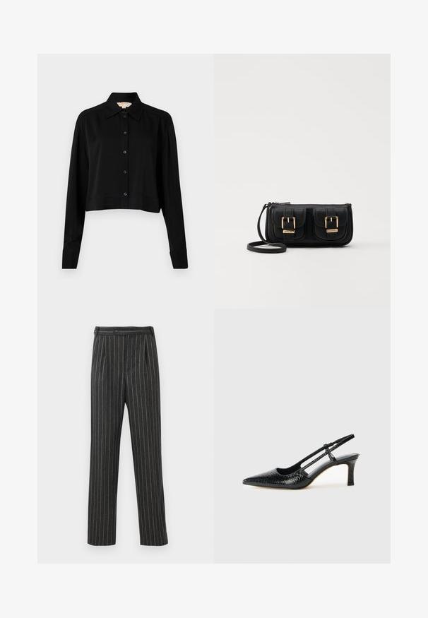 Sort cropped skjorte med lange ærmer, spidse krave og knaplukning foran. Fremstillet af glat stof med en afslappet pasform og manchetærmer.; Gråstribede bukser lavet af vævet stof. Har høj talje, fold foran og et lige ben design. Standard knaplukning.; Sorte patent slingback hæl med spids tå, prydet med tekstureret slangeskindsmønster, justerbar rem og en kort, tekstureret blokhæl.; Sort læder crossbody taske med to frontlommer, guldspænder, lynlåslukning og en slank rem. Struktureret overflade og kompakt rektangulær form.