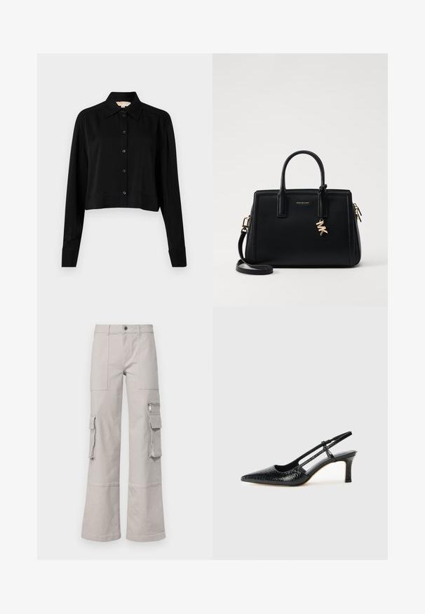 Fekete, rövid fazonú ing hosszú ujjakkal, hegyes gallérral és gombos elejével. Simító anyagból készült, laza szabású és megkötött ujjaival.; Világosszürke cargo nadrág széles lábszárral, több zsebbel és texturált szövet felülettel. Látható varratokkal és gombos záródással rendelkezik.; Fekete lakk slingback sarok, hegyes orral, texturált kígyómintával, állítható pánttal és rövid, texturált tömbsarkal.; Fekete bőr kézitáska strukturált dizájnnal, dupla felső fogantyúkkal, levehető vállpánttal, arany színű fémrészletekkel és logómedál díszítéssel.