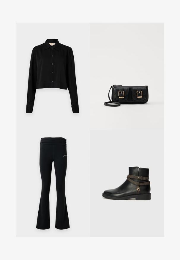 Black cropped shirt with long sleeves, a pointed collar, and button front. Made from smooth fabric with a relaxed fit and cuffed sleeves.; Black flared yoga pants with a ruched waistband and small white logo on upper thigh, displayed against a plain white background.; Black leather ankle boot with a flat sole, featuring a brown patterned strap and gold-tone hardware detail. Smooth texture.; Black leather crossbody bag with two front pockets, gold buckles, zipper closure, and a slim strap. Textured surface and compact rectangular shape.