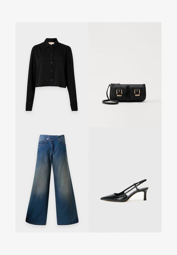 Črni kratki top z dolgimi rokavi, s končnim ovratnikom in gumbi spredaj. Narejen iz gladkega materiala z sproščenim krojem in manšeti na rokavih.; Široke modre kavbojke iz denima, z rahlo zbledelim videzom, vidnim šivom, dvema sprednjima žepekoma in gumbnim zapiranjem.; Črne lakaste slingback pete s koničastim nosom, ki imajo teksturiran vzorec kačje kože, nastavljiv trak in kratek teksturiran blok peto.; Črna usnjena torbica čez ramo z dvema sprednjima žepoma, zlatimi zaponkami, zadrgo in ozkim pasom. Tekstura površine je strukturirana, obliko pa ima kompaktno pravokotno.