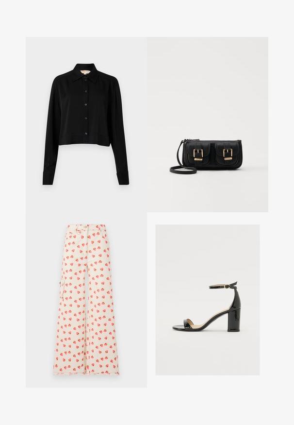 Black cropped shirt with long sleeves, a pointed collar, and button front. Made from smooth fabric with a relaxed fit and cuffed sleeves.; Wide-leg pants made from a beige fabric, featuring a strawberry pattern in red and green. Includes side pockets and a frayed hem.; Black patent leather sandal with a wide heel, open toe, and ankle strap featuring a gold buckle. Smooth texture and sleek design.; Black leather crossbody bag with two front pockets, gold buckles, zipper closure, and a slim strap. Textured surface and compact rectangular shape.