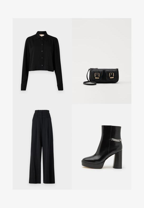 Chemise noire courte à manches longues, col pointu et fermeture par boutons. Fabriquée en tissu lisse avec une coupe décontractée et des manches à poignets.; Pantalons larges noirs à taille haute, dotés de plis à l'avant et d'une texture lisse. Aucun logo ni motif visible.; Bottine noire en cuir verni avec une plateforme épaisse et un haut talon bloc. Caractérisée par un accent en chaîne argentée sur le côté. Texture lisse.; Sac en cuir noir porté en travers avec deux poches avant, boucles dorées, fermeture zippée et une sangle fine. Surface texturée et forme rectangulaire compacte.