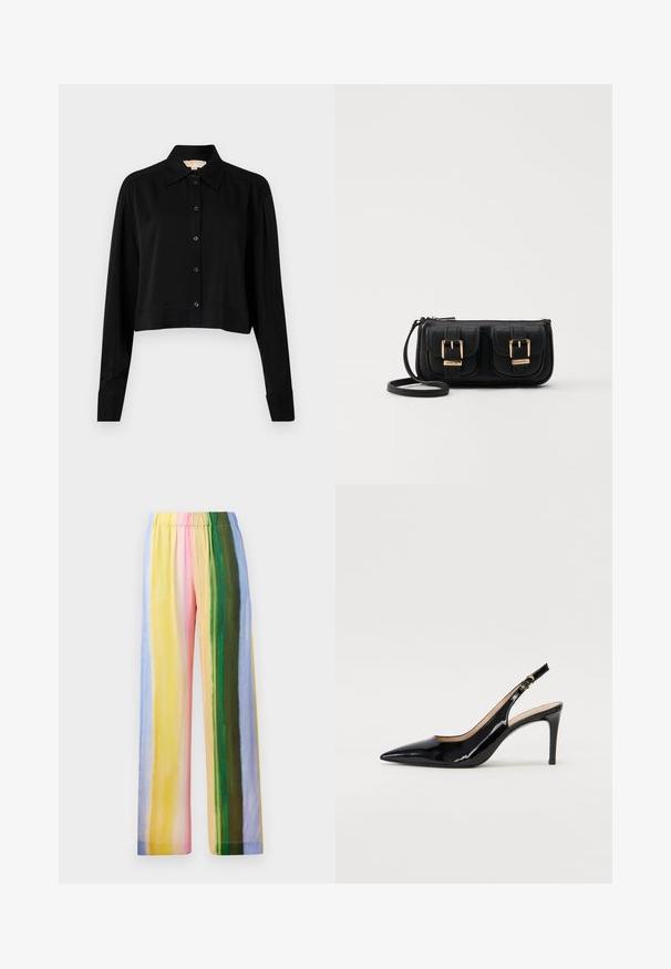 Black cropped shirt with long sleeves, a pointed collar, and button front. Made from smooth fabric with a relaxed fit and cuffed sleeves.; Wide-leg pants with an elastic waistband, featuring vertical stripes in pastel colors: yellow, pink, green, blue, and light purple. Smooth texture.; Black patent leather slingback pump with pointed toe, slim heel, and a subtle cutout design. Features a gold buckle on the strap.; Black leather crossbody bag with two front pockets, gold buckles, zipper closure, and a slim strap. Textured surface and compact rectangular shape.