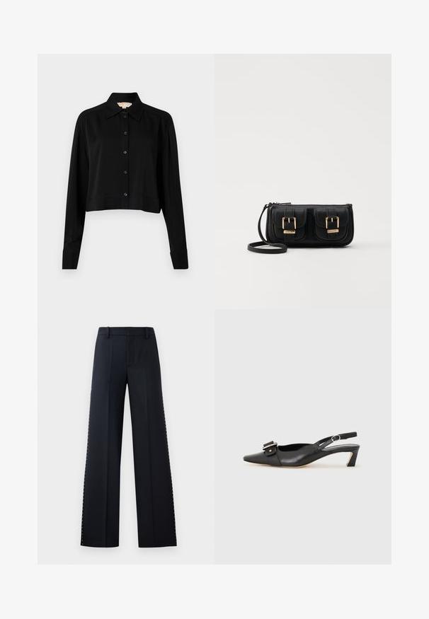 Černá zkrácená košile s dlouhými rukávy, špičatým límcem a předním zapínáním na knoflíky. Vyrobena z hladké látky s volnějším střihem a manžetami.; Široké kalhoty v černé barvě. Nápaditý střih s hladkou texturou. Obsahují řadu kovových hřebíků podél bočních švů pro detail.; Černé kožené sandály s úzkou špičkou, malým podpatkem a dekorativní sponou na nártu. Hladký povrch, minimalistický design.; Černá kožená crossbody taška se dvěma předními kapsami, zlatými přezkami, zipovým uzávěrem a štíhlým popruhem. Texturovaný povrch a kompaktní obdélníkový tvar.