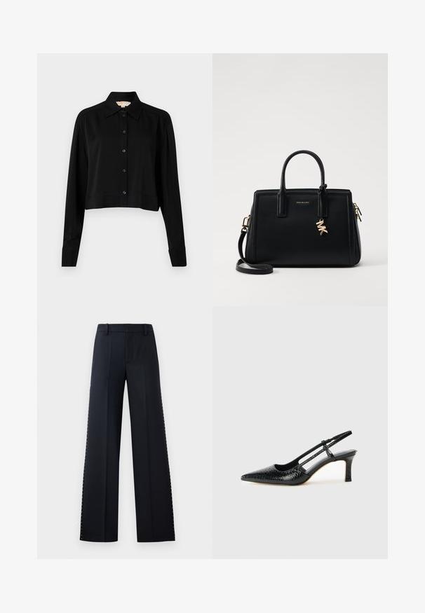 Juodas trumpas marškinėliai su ilgomis rankovėmis, smailiu apykakle ir mygtukų priekyje. Pagamintas iš lygaus audinio su laisvu siluetu ir apverčiamos rankovėmis.; Juodos plačios kojos kelnės. Priklausantis pritaikytam stiliui su lygiu paviršiumi. Papildyta metaliniais kaliukais šoninėse siūlėse kaip detalė.; Juodai lakuoti slingback aukštakulniai su smailiu nosiu, su tekstūruotu gyvatės raštu, reguliuojama juosta ir trumpu, tekstūruotu blokiniu kulnu.; Juodas odinis rankinė su struktūrizuotu dizainu, dviem viršutinėmis rankenėlėmis, nuimamu petiniu dirželiu, auksiniais akcentais ir logotipo pakabuku.
