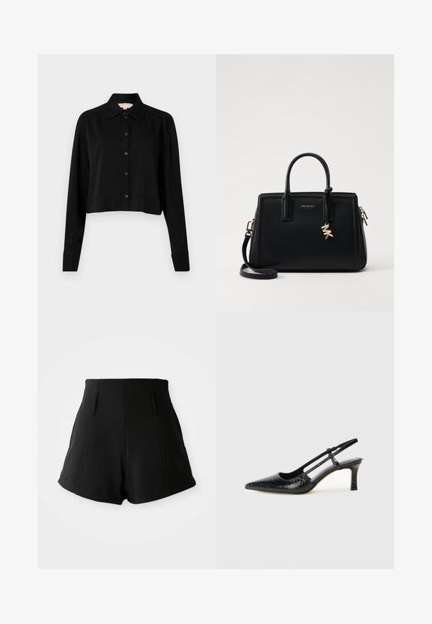 Camisa negra corta con mangas largas, cuello puntiagudo y botones en la parte delantera. Fabricada en un tejido suave con un corte holgado y mangas con puños.; Shorts negros de talle alto hechos de tela suave, que cuentan con dos bolsillos frontales, un corte ajustado y líneas limpias y simples.; Tacón slingback negro de charol con punta afilada, que presenta un estampado de serpiente texturizado, correa ajustable y un tacón bloque corto y texturizado.; Bolso de piel negra con diseño estructurado, doble asa superior, correa de hombro desmontable, herrajes dorados y un charm de logo como acento.