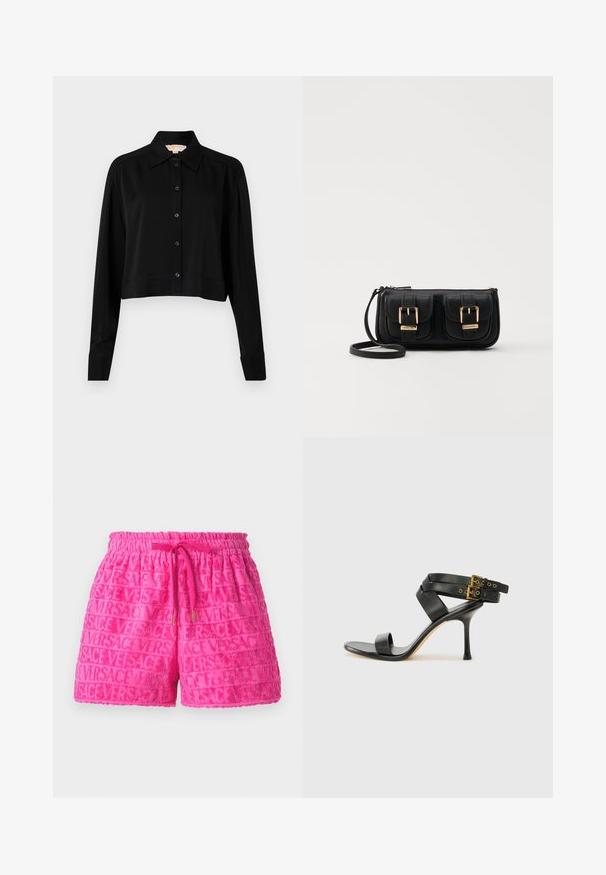 Černá zkrácená košile s dlouhými rukávy, špičatým límcem a předním zapínáním na knoflíky. Vyrobena z hladké látky s volnějším střihem a manžetami.; Růžové froté šortky s elastickým pasem a šňůrkou, které mají embosovaný vzor slova "VERSACE."; Černé sandály na podpatku s kříženými popruhy a nastavitelnou sponou. Mají hladký povrch a špičatý stiletto podpatek.; Černá kožená crossbody taška se dvěma předními kapsami, zlatými přezkami, zipovým uzávěrem a štíhlým popruhem. Texturovaný povrch a kompaktní obdélníkový tvar.