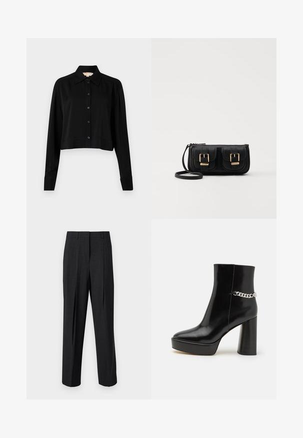 Zwarte cropped shirt met lange mouwen, een spitse kraag en een knoopsluiting aan de voorkant. Gemaakt van soepele stof met een ontspannen pasvorm en manchet-mouwen.; Donkergrijze op maat gemaakte broek met een rechte pijp, voorzien van twee voorplooien, riemlussen en een gladde stoftextuur.; Zwarte gepoetste leren enkelboot met een chunky plateau en hoge blokhak. Kenmerkt zich door een zilveren kettingaccent aan de zijkant. Glad textuur.; Zwarte leren schoudertas met twee vo pockets, gouden gespen, ritsluiting en een smalle band. Tekstuur oppervlak en compacte rechthoekige vorm.