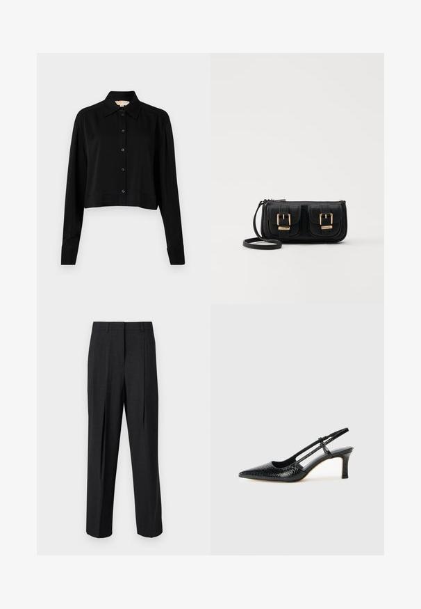 Chemise noire courte à manches longues, col pointu et fermeture par boutons. Fabriquée en tissu lisse avec une coupe décontractée et des manches à poignets.; Pantalons taillés gris foncé avec une jambe droite, dotés de deux plis à l'avant, de passants de ceinture et d'une texture de tissu lisse.; Escarpin slingback en vernis noir avec un bout pointu, présentant un imprimé serpent texturé, une sangle réglable et un petit talon bloc texturé.; Sac en cuir noir porté en travers avec deux poches avant, boucles dorées, fermeture zippée et une sangle fine. Surface texturée et forme rectangulaire compacte.