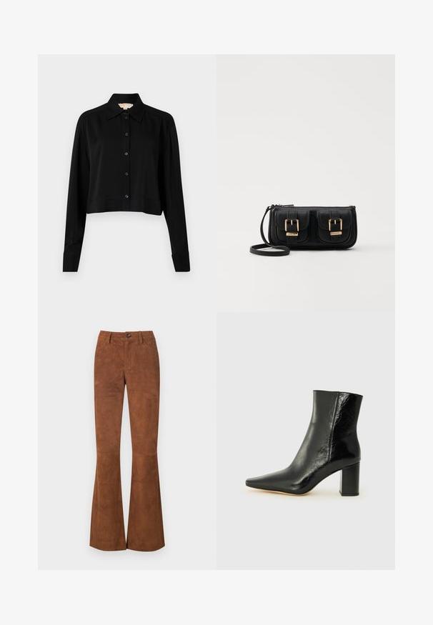 Schwarzes, kurzes Hemd mit langen Ärmeln, einem spitzen Kragen und Knopfverschluss. Hergestellt aus glattem Stoff mit lockerer Passform und geknöpften Ärmeln.; Braune, ausgestellte Hosen aus einem samtähnlichen Material, mit einem vorderen Knopfverschluss, Gürtelschlaufen und zwei vorderen Taschen. Glatte Textur auf der gesamten Fläche.; Schwarze Knöchelstiefelette aus glänzendem Leder mit spitzem Zeh und klobigem, quadratischem Absatz. Verfügt über eine glatte Textur und ein minimalistisches Design.; Schwarze Leder-Umhängetasche mit zwei vorderen Taschen, goldenen Schnallen, Reißverschluss und einem schmalen Tragegurt. Texturierte Oberfläche und kompakte rechteckige Form.