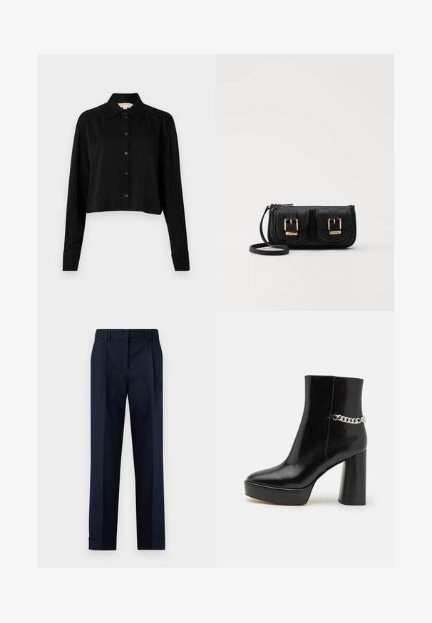 Camisa negra corta con mangas largas, cuello puntiagudo y botones en la parte delantera. Fabricada en un tejido suave con un corte holgado y mangas con puños.; Pantalones ajustados azul marino con una textura suave, presentando un frente plano, pinzas dobles y puños en los tobillos.; Botín de tobillo de charol negro con plataforma chunky y tacón alto en bloque. Presenta un acento de cadena plateada en el lateral. Textura suave.; Bolso cruzado de cuero negro con dos bolsillos frontales, hebillas doradas, cierre de cremallera y una correa delgada. Superficie texturizada y forma rectangular compacta.