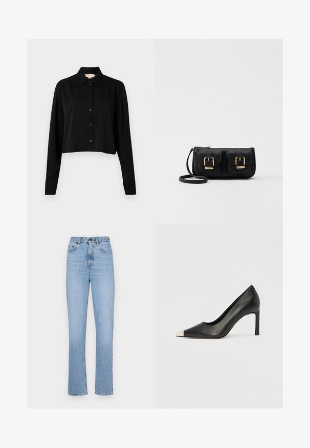 Must must shirt, mille pikkade varrukatega, terava kraega ja nööpidega esiosas. Valmistatud siledast kangast, millel on mugav lõige ja mansetiga varrukad.; Heledad sinine teksased, sirge jala disainiga, kõrge talje ja klassikaline viie taskuga stiil. Omab siledat tekstuuri ja peent kulumist.; Mustast nahast kõrge kontsaga king terava varba ja metallik hõbedase otsikuga. Iseloomustab sile viimistlus ja sihvakas 10 cm konts.; Must küllastamata nahast õlakott, millel on kaks esist nähtavat taskut, kuldsed pandlad, tõmblukuga sulgemine ja peen rihm. Tekstuuriga pind ja kompaktne ristkülikukujuline kuju.