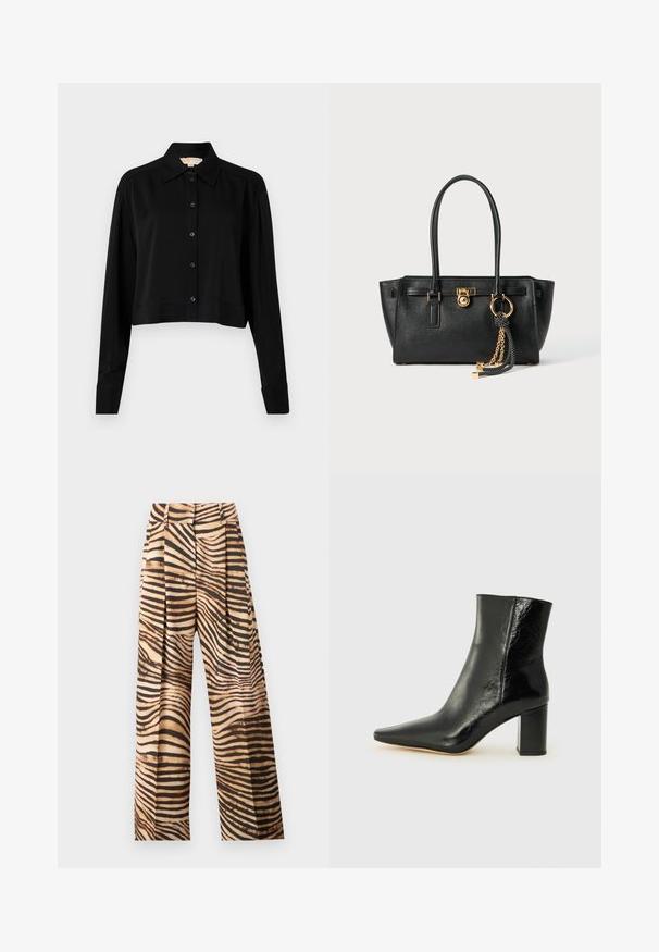 Črni kratki top z dolgimi rokavi, s končnim ovratnikom in gumbi spredaj. Narejen iz gladkega materiala z sproščenim krojem in manšeti na rokavih.; Široke hlače v bež in rjavem vzorcu zebra, s skladišči, visokim pasom in gladko, sijočo teksturo.; Črne gležnjarje iz sijoče usnje s koničastim nosom in masivnim kvadratnim peto. Imajo gladko teksturo in minimalističen dizajn.; Črna usnjena torbica z dvojno ročajema, zlatim ključavnico in detajlom verige, ter dodatkom črno-belih rese na belem ozadju.
