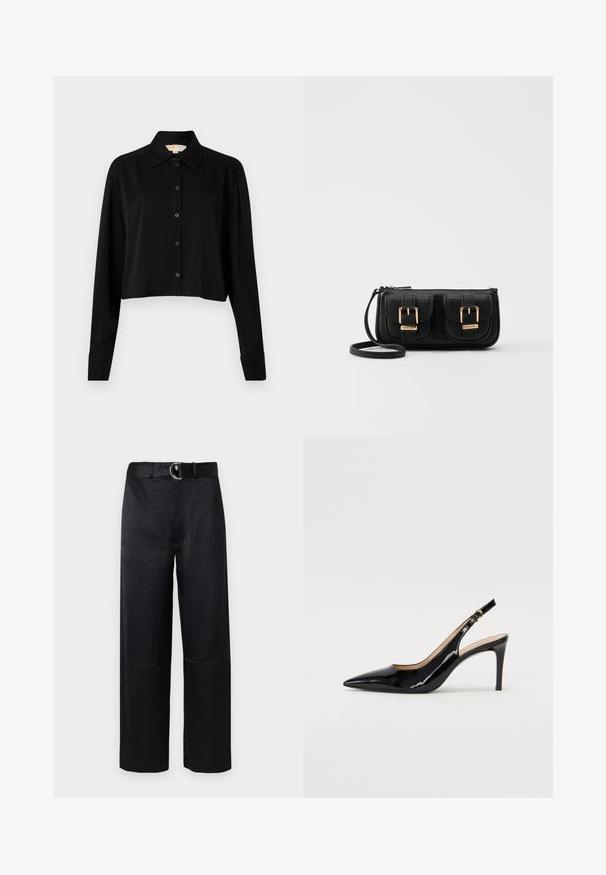 Svart kortärmad skjorta med lång ärm, spetsig krage och knappstängning. Tillverkad av slät tyg med lös passform och uppvikta ärmar.; Svarta vida byxor i ett texturerat material, med ett bälte som har en cirkulär silverfärgad spänne och minimala sömmar.; Svart patenterat läder slingback pumps med spetsig tå, smal klack och en subtil utskärning. Har en guldbuckle på remmen.; Svart läderaxelväska med två framfickor, guldspännen, dragkedjestängning och en smal rem. Texturerad yta och kompakt rektangulär form.