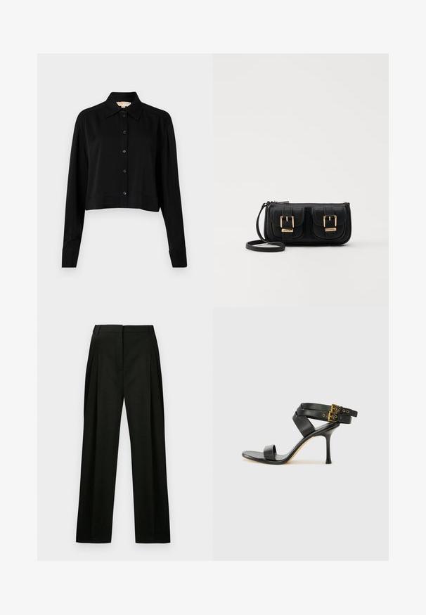Zwarte cropped shirt met lange mouwen, een spitse kraag en een knoopsluiting aan de voorkant. Gemaakt van soepele stof met een ontspannen pasvorm en manchet-mouwen.; Zwarte wijde broek met een textuurstof, met voorplooien en een schone, op maat gemaakte tailleband. Geen zichtbare zakken of versieringen.; Zwarte hoge hak sandaal met gekruiste bandjes en verstelbare gespsluiting. Heeft een gladde textuur en een taps toelopende stilettohak.; Zwarte leren schoudertas met twee vo pockets, gouden gespen, ritsluiting en een smalle band. Tekstuur oppervlak en compacte rechthoekige vorm.
