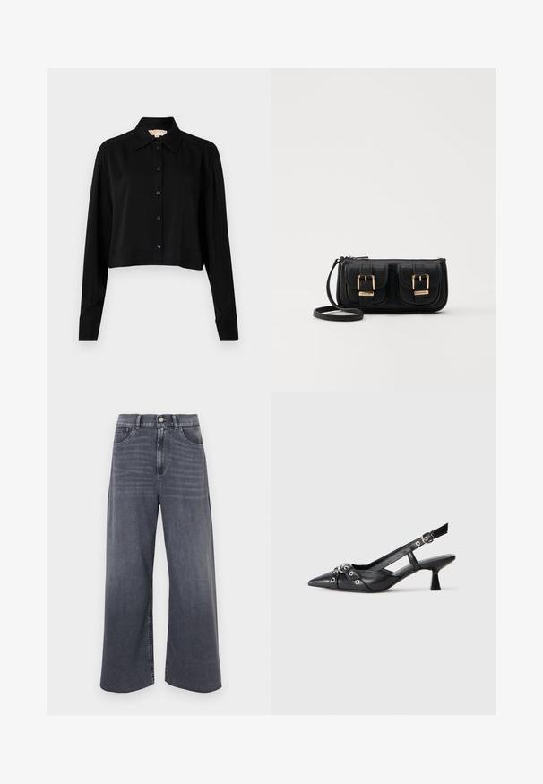 Melnas īsās piedurknes krekls ar garām piedurknēm, smailu apkakli un pogu aizdari. Izgatavots no gludas auduma ar brīvu piegriezumu un piedurkņu apakšām.; Platas kājas tumši pelēkas džinsu bikses ar augstu jostu, ar pogu aizdari, jostu cilpām un priekšējiem kabatām. Gluda tekstūra un tīra apdare.; Melnas ādas šlipsveida kurpes ar norādītu purngalu, dekoratīvām joslām ar metāla acīm un zemu bloku papēdi. Teksturēta virsma.; Melnas ādas crossbody soma ar divām priekšējām kabatām, zelta sprādzēm, ar rāvējslēdzēju aizdari un šauru siksnu. Strukturēta virsma un kompakta taisnstūra forma.