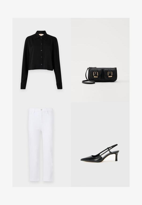 Black cropped shirt with long sleeves, a pointed collar, and button front. Made from smooth fabric with a relaxed fit and cuffed sleeves.; White denim jeans with a straight cut, featuring belt loops, front pockets, and a zip fly. Smooth texture and uniform color throughout.; Black patent slingback heel with a pointed toe, featuring textured snake print, adjustable strap, and a short, textured block heel.; Black leather crossbody bag with two front pockets, gold buckles, zipper closure, and a slim strap. Textured surface and compact rectangular shape.