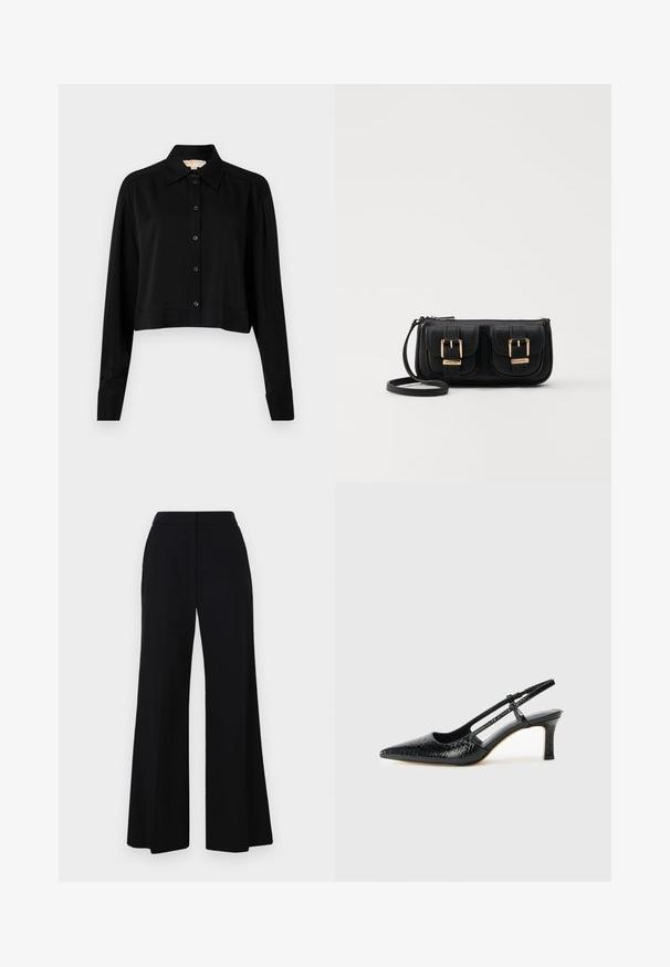 Melnas īsās piedurknes krekls ar garām piedurknēm, smailu apkakli un pogu aizdari. Izgatavots no gludas auduma ar brīvu piegriezumu un piedurkņu apakšām.; Melna plaša kāju bikses ar augstu jostu, gludu audumu un tīrām līnijām. Nav redzamu detaļu vai rakstu.; Melna patent āda ar slīdošo papēdi un smailo purngalu, ar teksturētu čūsku drukājumu, regulējamu siksniņu un īsu teksturētu blokpapēdi.; Melnas ādas crossbody soma ar divām priekšējām kabatām, zelta sprādzēm, ar rāvējslēdzēju aizdari un šauru siksnu. Strukturēta virsma un kompakta taisnstūra forma.