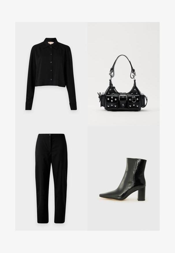 Zwarte cropped shirt met lange mouwen, een spitse kraag en een knoopsluiting aan de voorkant. Gemaakt van soepele stof met een ontspannen pasvorm en manchet-mouwen.; Zwarte rechte broek met knoop- en ritsluiting, gladde stof en minimale details tegen een effen lichte achtergrond.; Zwarte enkellaarsjes van glanzend leer met een puntige neus en een stevige, vierkante hak. Heeft een gladde textuur en een minimalistisch ontwerp.; Zwarte lederen handtas met een gebogen ontwerp, voorzien van zilveren studs, een gesp en twee zijvakken. Verstelbare schouderband voor verschillende draagmogelijkheden.