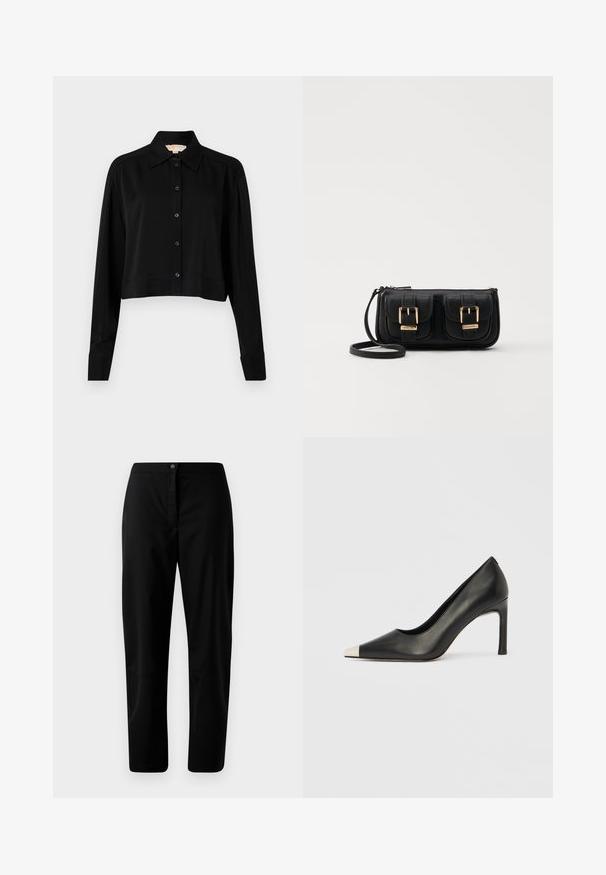 Zwarte cropped shirt met lange mouwen, een spitse kraag en een knoopsluiting aan de voorkant. Gemaakt van soepele stof met een ontspannen pasvorm en manchet-mouwen.; Zwarte rechte broek met knoop- en ritsluiting, gladde stof en minimale details tegen een effen lichte achtergrond.; Zwarte leren hoge hak met een spits toelopende neus en een metalen zilverkleurige kap. Heeft een gladde afwerking en een slanke hak van 10 cm.; Zwarte leren schoudertas met twee vo pockets, gouden gespen, ritsluiting en een smalle band. Tekstuur oppervlak en compacte rechthoekige vorm.