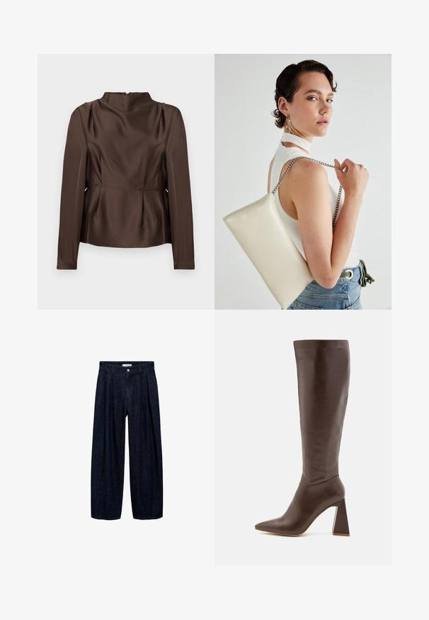 Ruskea satiinihuppari, jossa on korkea kaula-aukko, pitkät hihat ja peplum-yksityiskohtia. Sisältää piilotetun takaketjun ja sileän pinnan.; Tummansinisiä leveälahkeisia housuja, joissa on laskoksia vyötäröllä, etupainike ja vyön lenkit. Sujuva rakenne ja täyspitkä muotoilu.; RAID TENBY - Saappaat - brown; Valkoinen suorakulmainen clutch-laukku, joka on valmistettu kiiltävästä materiaalista ja jossa on hopeinen ketjuolkahihna. Malli poseeraa laukku käsivarsillaan yksinkertaista taustaa vasten.