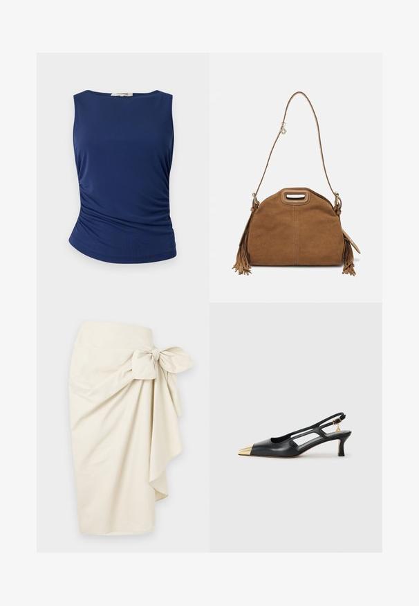 Marineblaue ärmellose Bluse aus glattem, elastischem Stoff. Verfügt über geraffte Seitendetails und einen abgerundeten Saum für eine figurbetonte Passform.; Cremfarbener Wickelrock aus glattem Stoff, mit einer großen Schleifendetail an der Taille und fließender, drapierter Silhouette.; Schwarze Leder-Slingback-Schuh mit spitzem Zeh und goldfarbener Metallic-Kappe. Verfügt über ein Ausschnittdesign und einen schlanken Absatz mit verstellbarem Riemen.; Maje Umhängetasche - camel