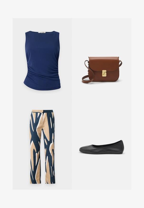 Navy zils bez piedurknēm, izgatavots no gludas, elastīgas auduma. Iekļauta savākta sānu detaļa un noapaļots apakšmalas dizains, lai nodrošinātu pieguļošu izskatu.; Platleņķa bikses jūras zilas, bēšas un baltas grafikas rakstā. Izgatavotas no viegla auduma ar gludu tekstūru un pielāgotu jostu.; Melna ādas baleta kurpe ar noapaļotu purngalu, gludu tekstūru, minimālu šuvju detalizāciju un elastīgu zoles dizainu.; Bordo ādas rokas soma ar atloku, zeltītām detaļām, plecu siksnu un gludu virsmu. Kompakta, taisnstūrveida forma.